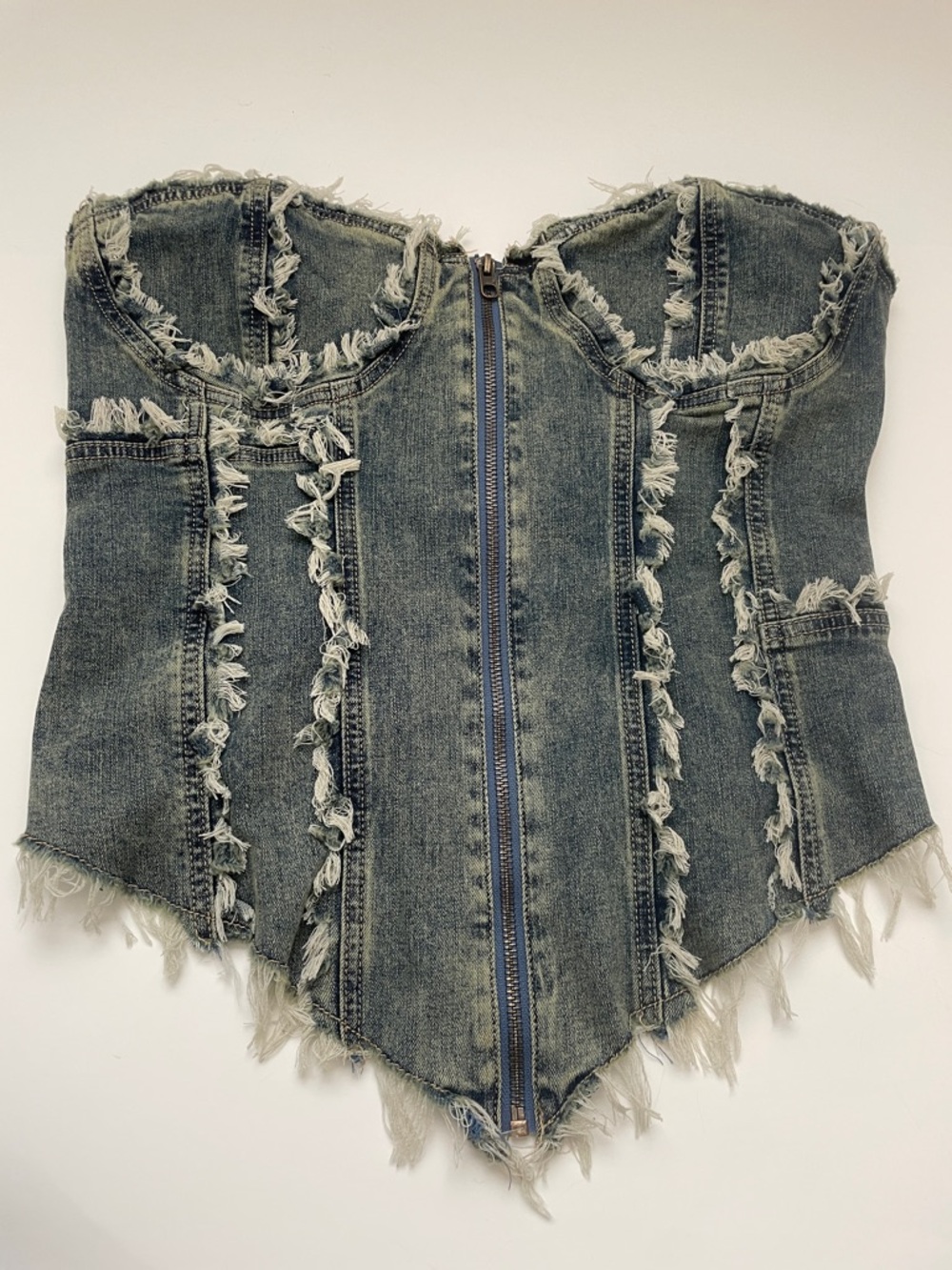 Frayed Zip Front Denim Bustier/Corset Top Large New